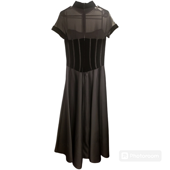 Vintage Tadashi Black Vevlet, Sheer & Pleather Corset Gown Size 16 - Picture 12 of 14